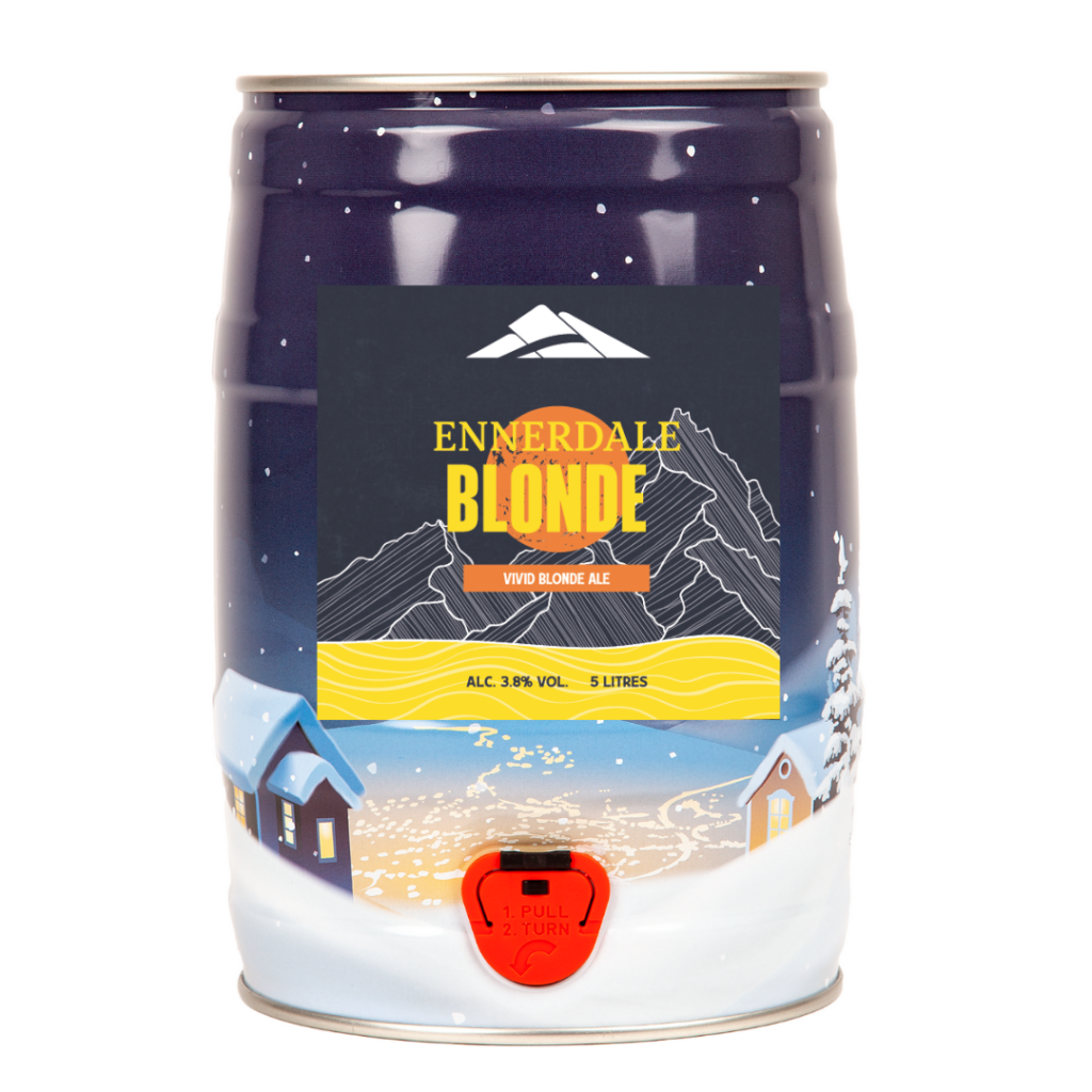 Christmas Blonde Mini Keg by Ennerdale Brewery, a 9-pint mini keg of gluten-free amber ale with 4.2% ABV, featuring festive red and green holiday packaging, perfect for holiday gatherings."