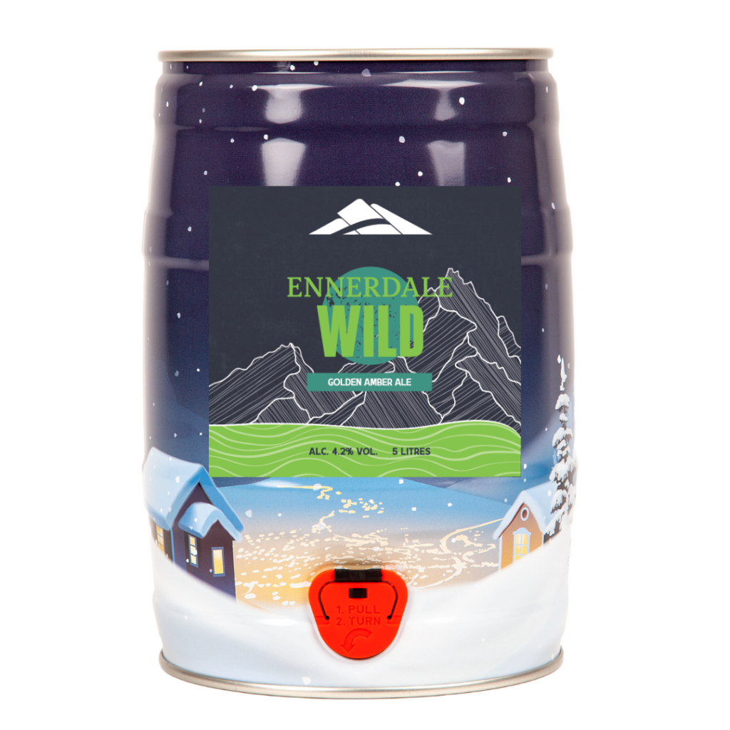 Christmas Wild Mini Keg by Ennerdale Brewery, a 9-pint mini keg of gluten-free amber ale with 4.2% ABV, featuring festive red and green holiday packaging, perfect for holiday gatherings."